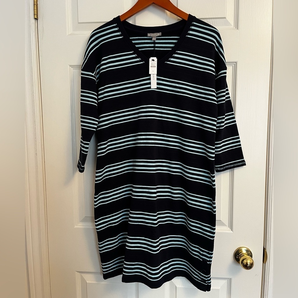 NWT T by Talbots Navy Striped Dress UPF 50 Cotton Blend Midi Size Small